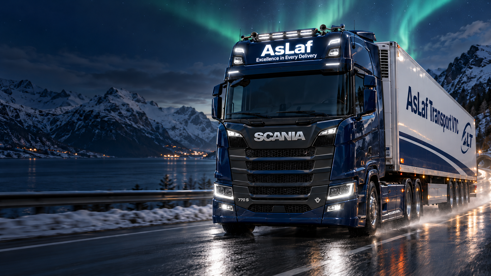 Dark blue Scania S 770 V8 with chrome factory badging, an illuminated AsLaf roof lightbox, and an AsLaf Transport VTC refrigerated trailer